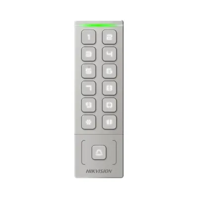 Cititor de proximitate cu tastatura Hikvision DS-K1T809EX, card sau PIN, maxim 1000 carduri si 1000 useri, cititor pentru carduri EM incorporat, Wiegand out, supports Wiegand 26/34, alimentare: 12 VDC, 1 A,  protectie: IP65, dimensiunii: 151 mm × 48 mm