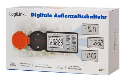 PRELUNGITOR LOGILINK, Schuko x 1, 230 V/16 A, 50 Hz, max. 3500 W, timer, LCD, 8 butoane operare, IP44, de exterior, negru-portocaliu, "ET0016" (timbru verde 0.18 lei)