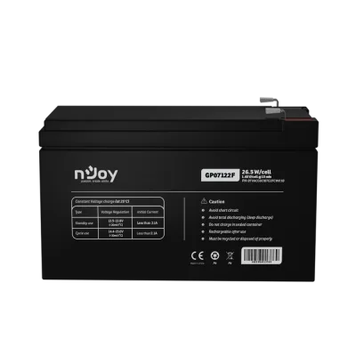 Acumulator nJoy GP07122F 12V 23.51W/cell  Battery Model GP07122F Voltage 12V Power (1,65V/cell@15 min) 23.51W/cell Type VRLA - maintanance free Designed Floating Life 3~5 years Nominal Operating Temp. Range 25o C ± 3o C Terminal F2 terminal -Faston Tab