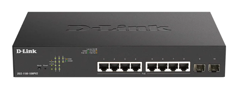 SWITCH D-LINK POE SMART, 8 porturi RJ-45 Gigabit + 2 porturi SFP Gigabit, POE max 130W, carcasa metalica, "DGS-1100-10MPV2" (timbru verde 2 lei)