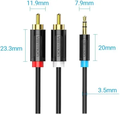 Cablu audio Vention, Jack 3.5mm (T) la 2 x RCA (T), 1m, conectori auriti, PVC, negru, "BCLBF" (timbru verde 0.18 lei) - 6922794751309