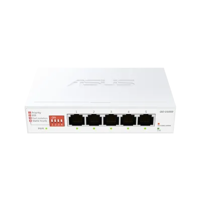 ASUS QG-U1050. Switch type: Unmanaged. Basic switching RJ-45 Ethernet ports type: 2.5G Ethernet (100/1000/2500), Basic switching RJ-45 Ethernet ports quantity: 5. MAC address table: 16000 entries. Networking standards: IEEE 802.3ab, IEEE 802.3az, IEEE