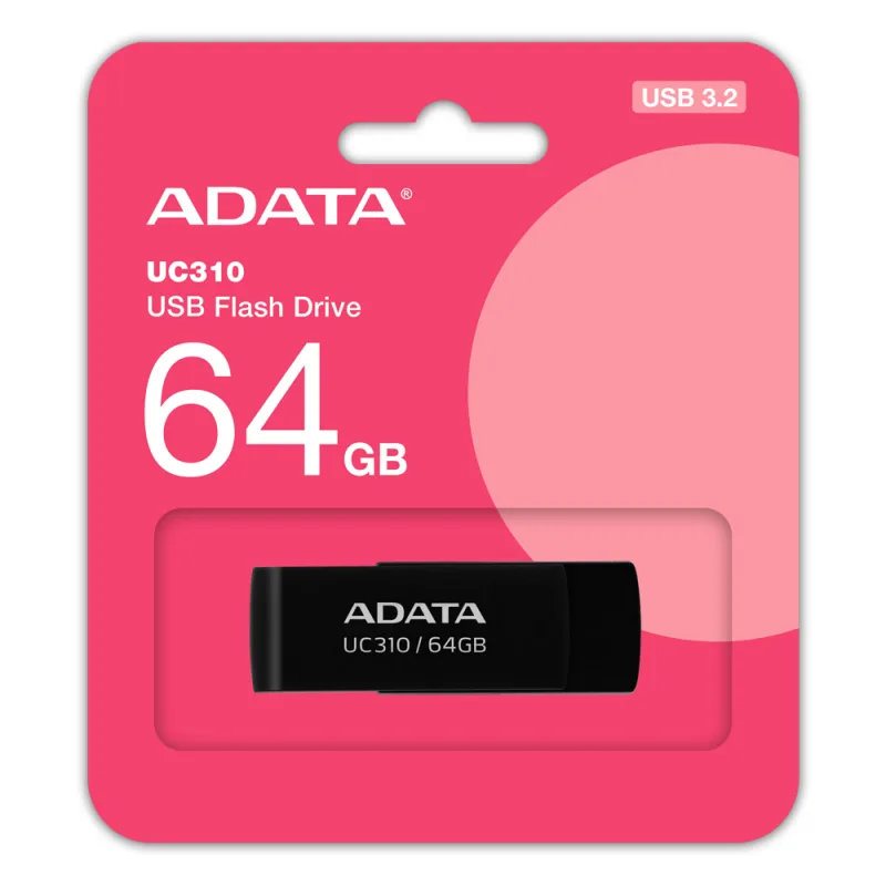 MEMORIE USB 3.2 ADATA 64 GB, protectie slide laterala, carcasa plastic, negru, "UC310-64G-RBK" (timbru verde 0.03 lei)