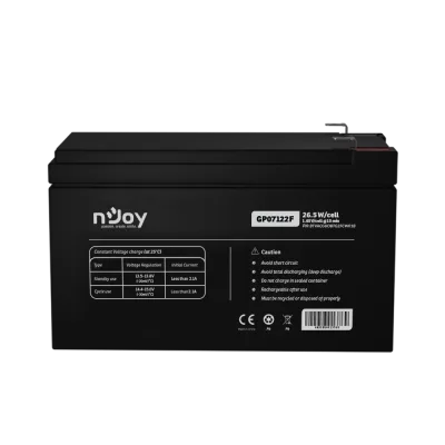 Acumulator nJoy GP07122F 12V 23.51W/cell  Battery Model GP07122F Voltage 12V Power (1,65V/cell@15 min) 23.51W/cell Type VRLA - maintanance free Designed Floating Life 3~5 years Nominal Operating Temp. Range 25o C ± 3o C Terminal F2 terminal -Faston Tab