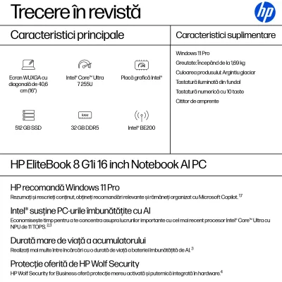 NB ELITEBOOK 8 G1I CU7-255U/16" 32/512GB W11P CA6Z9ET HP"CA6Z9ET" (timbru verde 3.5 lei)