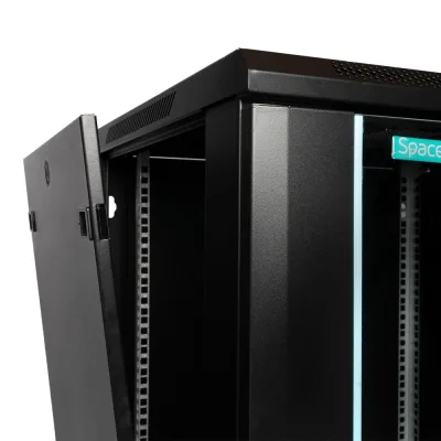 CABINET 19″ SPACER 18U 600x600mm, fixare pe perete, Flatpack (dezasamblat), Black, usa sticla cu blocare, panouri detasabile, otel 1.5mm, sarcina maxima 60Kg