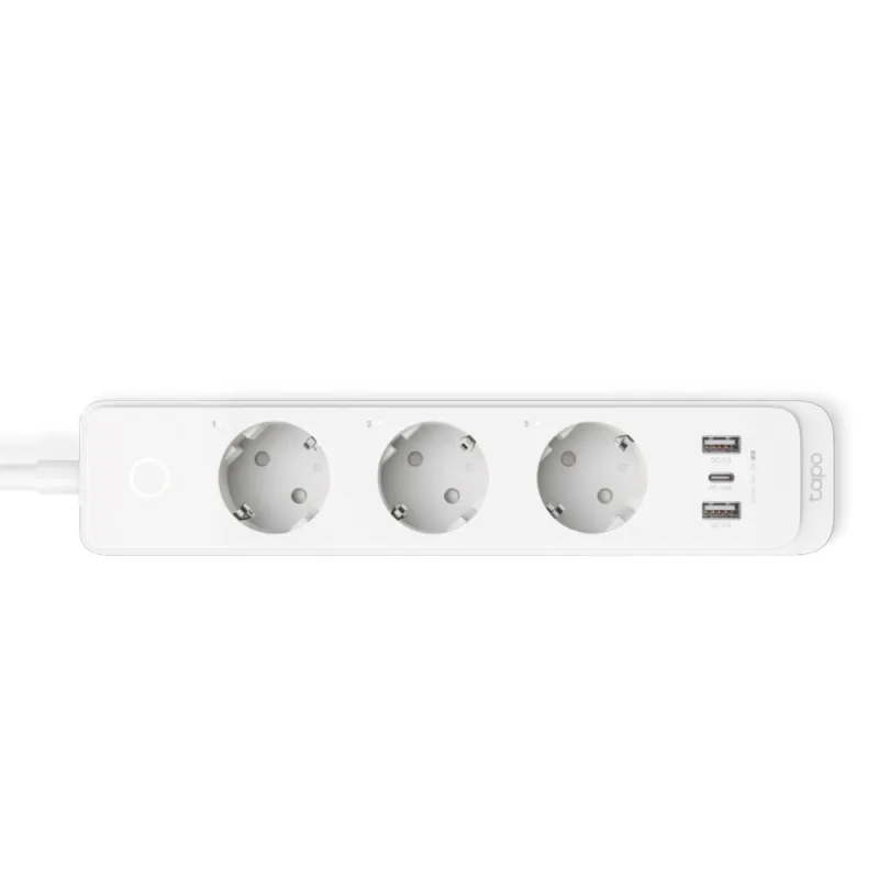 PRELUNGITOR inteligent TP-LINK, Schukox3, USB x 2, USB Type-C x 1, lung cablu 1.5m,monitorizarea energiei, conec Schuko (T), 10 A,prog prin smartph, BT, WiFi, alb "Tapo P300" (timbru verde 0.18 lei)