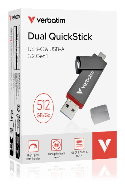 Memorie Verbatim Dual QuickStick. Capacity: 512 GB, Device interface: USB Type-A / USB Type-C, USB version: 3.2 Gen 1 (3.1 Gen 1), Read speed: 550 MB/s, Write speed: 500 MB/s. "32042"