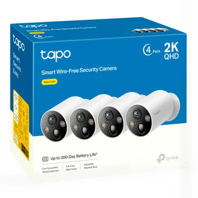 CAMERA IP Exterior cu acumulator TP-LINK,  IP66, dist. IR 15 m, tip lentila fixa 3.15 mm, 3 Mpx rezolutie 2K, wireless, microfon, carcasa plastic, necesita HUB, include 2 bucati, "Tapo C425(4-pack)" (timbru verde 2.0 lei)
