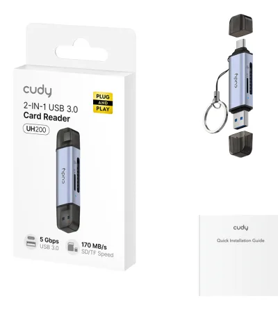 Card reader Cudy 2 in 1 USB 3.0, 1× USB-C 3.2 Gen 1 Male Connector, 1× USB-A 3.2 Gen 1 Male Connector