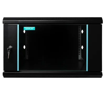 CABINET 19″ SPACER 6U 600x600mm, fixare pe perete, Flatpack (dezasamblat), Black, usa sticla cu blocare, panouri detasabile, otel 1.5mm, sarcina maxima 60Kg