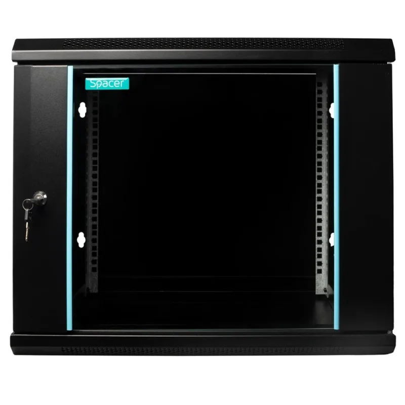 CABINET 19″ SPACER 9U 600x450mm, fixare pe perete, Flatpack (dezasamblat), Black, usa sticla cu blocare, panouri detasabile, otel 1.5mm, sarcina maxima 60Kg