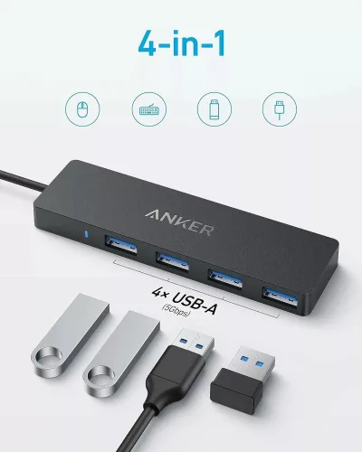 HUB Anker, 4-in-1, USB 3.0 x 4 porturi, incarcare prin USB Type-C, viteza 5 Gbps, conectare prin USB-C, negru, "A8309G11" (timbru verde 0.18 lei - 0194644177737