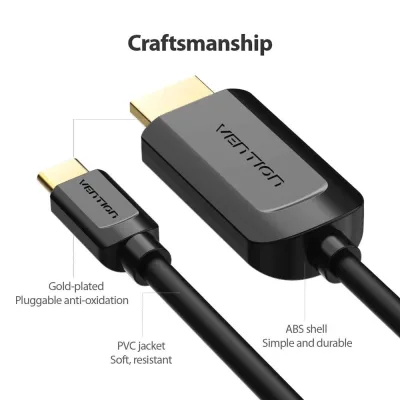Cablu video Vention, USB Type-C(T) la HDMI(T), 2m, rezolutie maxima 4K la 30Hz, conectori auriti, cupru, invelis PVC, negru, "CGUBH" (timbru verde 0.18lei) - 6922794742079