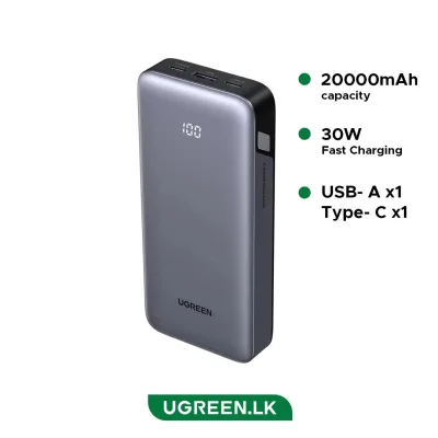 POWER BANK Ugreen, "PB532", 20000mAh, 30W, 2 x USB Type-C input/output, 1 x USB, display, gri, "55989B" (timbru verde 0.98 lei)