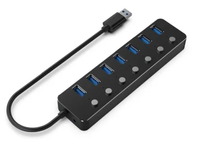 HUB extern GEMBIRD, porturi USB: USB 3.1 x 7, conectare prin USB, cu on/off, cablu 0,24 m, negru, "UHB-U3P7P-01" (timbru verde 0.8 lei) - 8716309124676