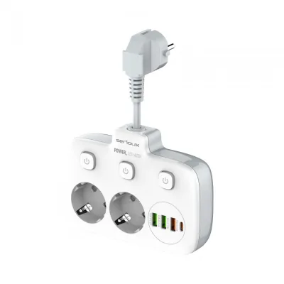 Prelungitor tip priza cu  protectie Serioux Quick Charge 3.0, parametri nominali: 2500W-10A(Max) 250V, Intrare: AC100-250V 10A 50/60HZ , Ieșire PD: 5V=3A 9V=2.22A 12V=1.67A 20W (MAX), Ieșire QC: 5V-3A 9V=2A 12V=1.5A 18W (MAX) , Ieșire Auto-ID: 5V-2.4A 12W