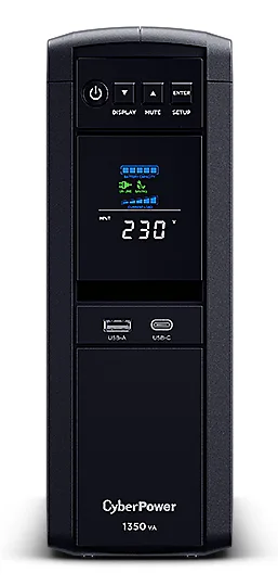 UPS CYBER POWER Line Int. cu Sinusoida Pura,tower,1350VA/  780W AVR,6xShucko,LCD,2x 12V/7Ah,Backup 2-9min,incarc.8h,USB,RS232,RJ45,GreenP,seria CP "CP1350EPFCLCD" (timbru verde 11 lei)