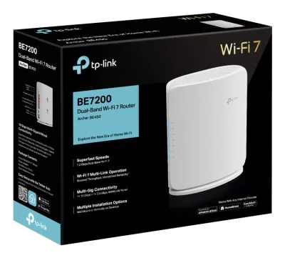 ROUTER TP-LINK wireless BE7200 viteze Wi-Fi 7 Dual-Band de pana la 7200 Mbps 1× 10 Gbps WAN/LAN port, 1× 2.5 Gbps WAN/LAN port and 3× 1 Gbps LAN, 2.4 Ghz/5 Ghz dual band, WI-FI 7 "Archer BE450" (timbru verde 0.8 lei)
