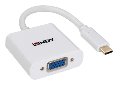 Lindy USB-C - VGA Converter, Maximum Input Resolution: 1920x1200@60Hz, Chipset: LT8711V, inputs: 1 x USB Type C (Male), Outputs: 1 x VGA (Female), alb