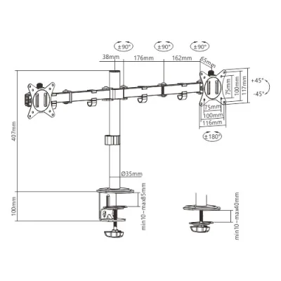 SUPORT de birou Gembird, pt 2 TV/monitor plat, diag. max 17-32 inch, rotatie, inclinare, pivotare, max 9 kg, "MA-D2-01"