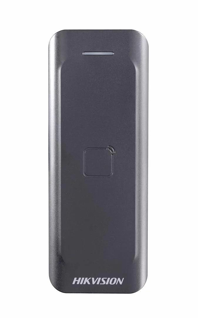 Card reader Hikvision, DS-K1802M; Reads Mifare 1 card; Card Reading Frequency: 13.56MHz; Processor: 32-bit; Reading Range: ≤50mm (≤1.97"); Supports Wiegand(W27/W35) protocol, Dust-proof, IP 65.