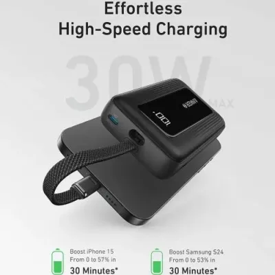 POWER BANK Anker "Zolo" 20.000 mAh, 30W cablu USB-C incorporat, 1 x USB-C, 1 x USB-A, afisaj LED, 350g, negru, "A1689H11" (timbru verde 0.98 lei) - 0194644200442