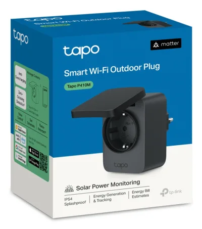 PRIZA inteligenta TP-LINK exterior, design compact, certificare Matter, Schuko x 1, cu monitorizarea energiei, conectare prin Schuko (T), 16 A, programare prin smartph, BT, WiFi, negru "Tapo P410M" (timbru verde 0.18 lei)