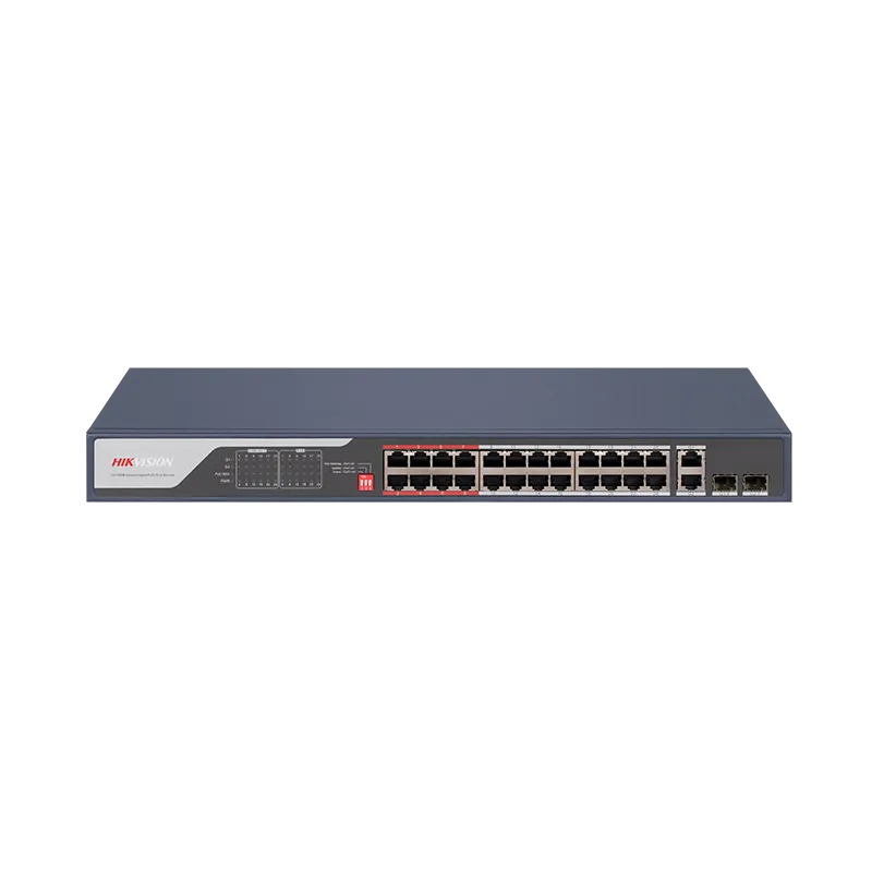 Switch PoE Hikvision DS-3E0326P-E(C): 24 x 10/100Mbps PoE port,2 × Gigabit combo, buget PoE 370 W, tensiune alimentare 100 to 240 V AC, 50/60 Hz, Max. 6.5 A, dimensiuni: 440.00 mm × 44.00 mm × 220.80 mm, greutate: 3.54kg, montare in rack.