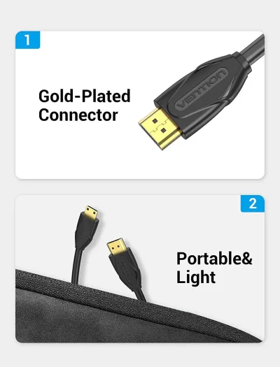 Cablu video Vention, HDMI(T) -miniHDMI(M), 1m, rezolutie maxima 4K la 30Hz, conectori auriti, cupru, dublu sens,invelis PVC, negru, "VAA-D02-B100" (timbru verde 0.18lei) - 6922794721036