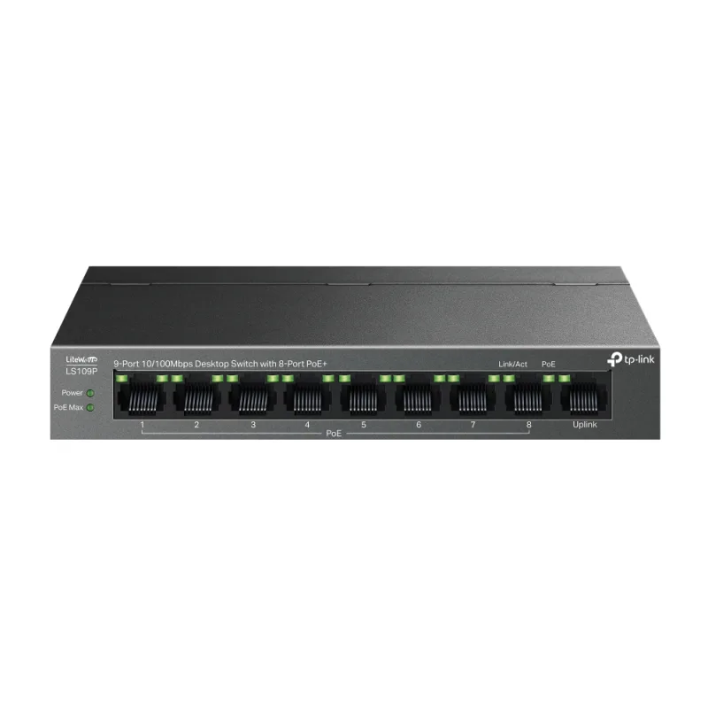 SWITCH TP-LINK 9 porturi 10/100 Mbps, 8-Port PoE carcasa metalica "LS109P" (timbru verde 2 lei)