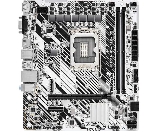 Placa de baza AsRock "H610M-HDV/M.2+ D5", skt. LGA 1700, chipset Intel H610, mATX, 2 x DDR5 max. 96 GB, USB 3.2 gen 1, 4 x SATA, 1 x M.2, PCIe 4.0, HDMI, DisplayPort, VGA, "H610M-HDV/M.2+ D5"