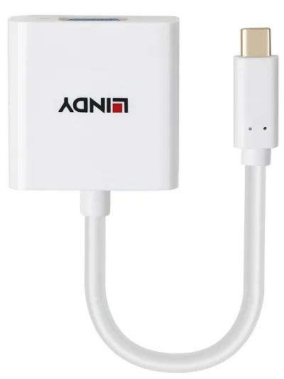 Lindy USB-C - VGA Converter, Maximum Input Resolution: 1920x1200@60Hz, Chipset: LT8711V, inputs: 1 x USB Type C (Male), Outputs: 1 x VGA (Female), alb