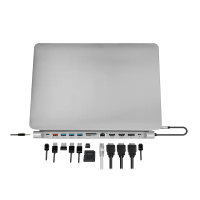 DOCKING Station LOGILINK universal, conectare PC USB TYPE-C 3.2, USB-C PD x 1, USB-C x 1, USB-A 3.0 x 3, porturi video DP x 1, HDMI x 2, RJ-45, 3.5mm x 1, card reader, PD 3.0 pana la 100W, argintiu, "UA0411" (timbru verde 0.18 lei)
