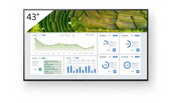 Monitor signage Sony BZ30L, 43", 440nit, 24/7, UHD, panel IPS, D-LED, 8ms, contrast static 1200:1, contrast dinamic 400000:1, mătuire 1%, Android 10, stocare 16GB. Miracast, Chromecast built-in, AirPlay, Apple HomeKit, Google Play Store. Conectivitate: