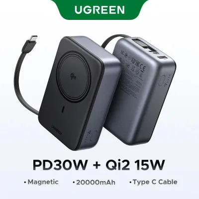 POWER BANK Ugreen "PB567", 20000mAh, 30W PD3.0 , 1 x USB, 1 x USB Type-C, incarcare magnetica 15W, 1 x USB Type-C cablu integrat, gri, "55450B" (timbru verde 0.98 lei)