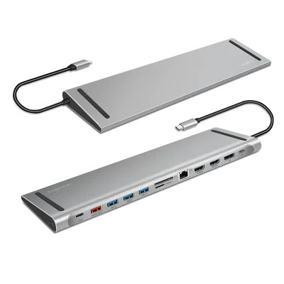 DOCKING Station LOGILINK universal, conectare PC USB TYPE-C 3.2, USB-C PD x 1, USB-C x 1, USB-A 3.0 x 3, porturi video DP x 1, HDMI x 2, RJ-45, 3.5mm x 1, card reader, PD 3.0 pana la 100W, argintiu, "UA0411" (timbru verde 0.18 lei)