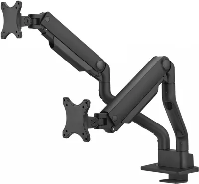 Brat dublu pentru monitor Neomounts, tip full motion, pentru display-uri cu diagonale 17"-35", sistem de prindere VESA 75x75~100x100mm, greutate maxima suportata 18kg per ecran, tilt +90°, -90°, swivel +90°, -90°, rotate +180°, -180°, reglabil pe inaltime