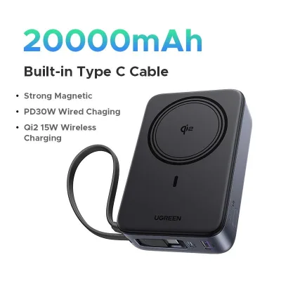 POWER BANK Ugreen "PB567", 20000mAh, 30W PD3.0 , 1 x USB, 1 x USB Type-C, incarcare magnetica 15W, 1 x USB Type-C cablu integrat, gri, "55450B" (timbru verde 0.98 lei)